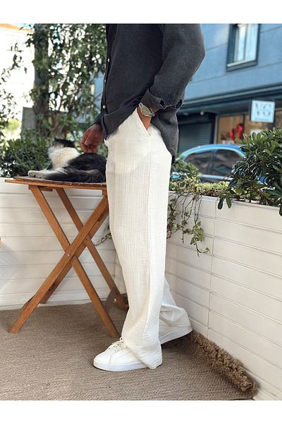 manch collection Muslin Fabric Baggy Trousers White