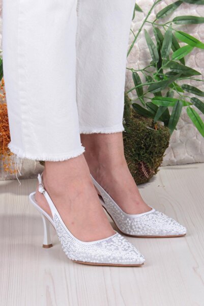 fort 3668 Uraz Boncuk Taş Detaylı Arkası Açık Önü Kapalı Topuklu Kadın Ayakkabı