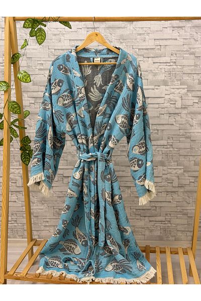 Befera Design Muslin Kimono 100% Cotton Fish Patterned Jacquard Bathrobe Kaftan Dressing Gown