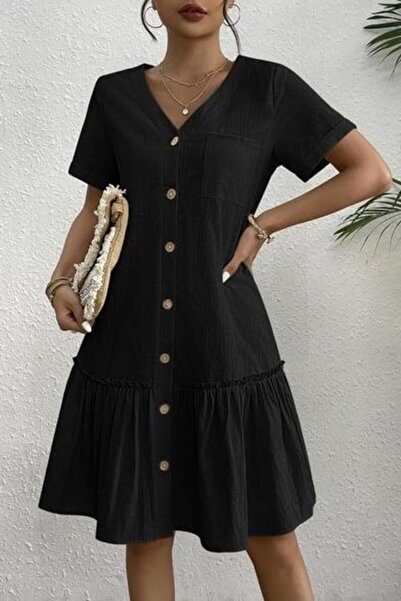 Mossta Cep Detaylı Düğmeli Yazlık Elbise