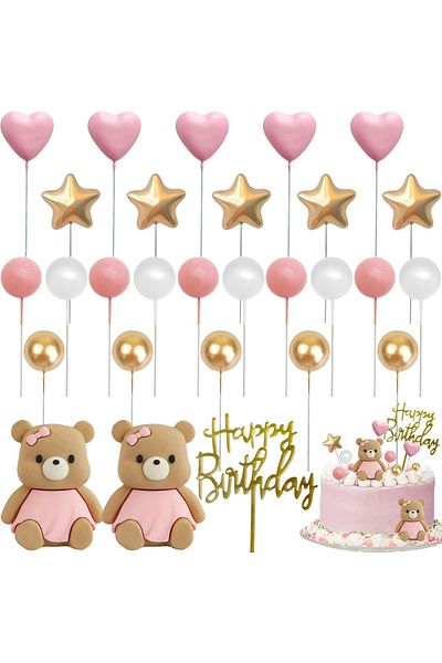 Baloane Vesele Pink Teddy Bear Cake Decoration with Gold Elements TOP40