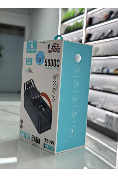 celibery CE-06 باور بانك 50000 مللي أمبير/ساعة بمنفذين وشحن سريع 22.5 وات بتقنية PD - مخرج 120 وات، كابلات مدمجة، أسود