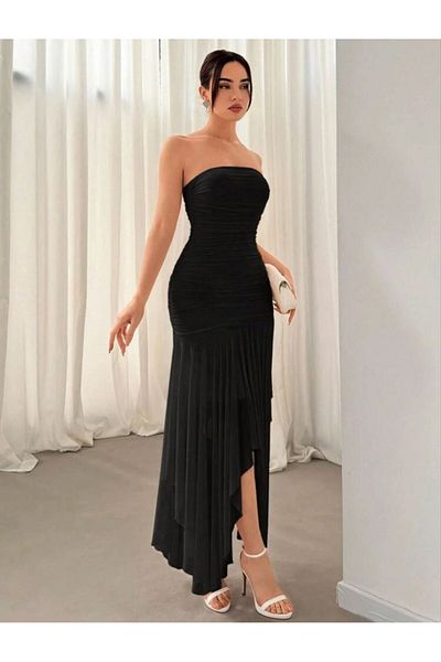 HOT HOT Asymmetric Tulle Strapless Lining Dress