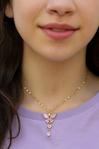 hexelle jewellery Gold Renk Pembe Taşlı Kelebek Figürlü Zarif Kadın Kolye