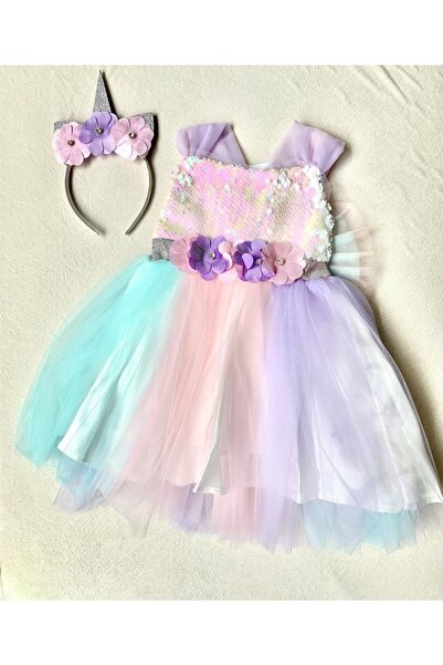 Saatistan Renkli Unicorn Kız Bebek Doğum Günü Elbisesi, tatlı ve şık tercih