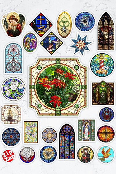 ZipZap Vitray Stained Glass Temalı Telefon Laptop Bullet Journal Yapışkanlı Folyo Sticker Paketi (25 ADET)