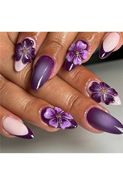 PİRAYE AKSESUAR 24'lü Mor Ombre ve Kabartma Papatya İşlemeli Gold Charm Detay...