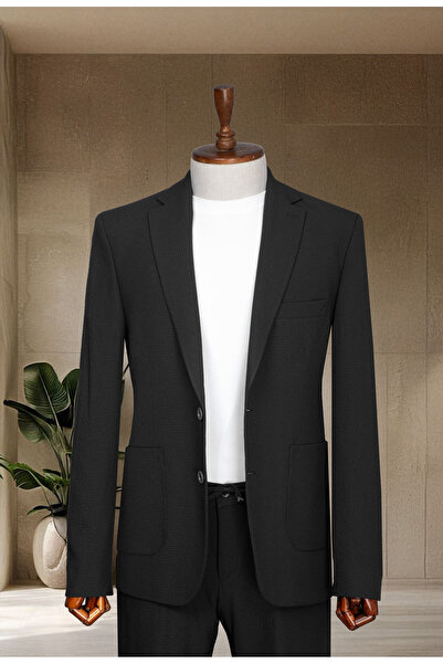 Sergio Ferraro Siyah Beli Lastikli Yazlık Günlük ve Şık Takım Elbise Ceket Pa...