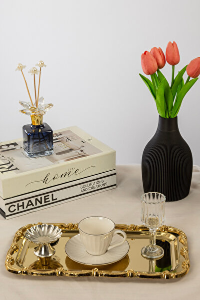 Yaren Style Gold Rose Detailed Framed Presentation Tray | 33X18 cm Stainless Steel Luxury Coffee Tray
