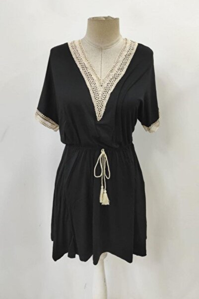 Mossta V-Neck Lace Detail Waist Tie Viscose Dress - Black