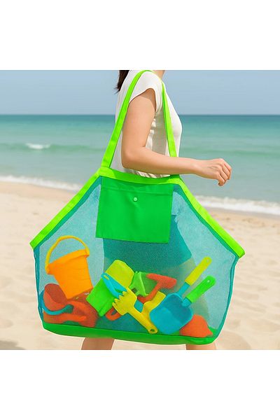GlassySKY Green Handle Blue Mesh Large Size Lightweight Folding Beach Bag Toy Bag, Holiday Sea Beach
