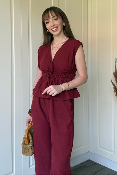 Dilay Gökoğlu Butik Burgundy Tie Detailed Linen Suit