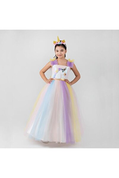 Saatistan Renkli Tarlatanlı Unicorn Çocuk Kostümü ve Taçlı Eğlence Seti