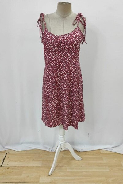 Mossta Square Neck Gathered Detail Mini Single Jersey Dress with Strap - Red