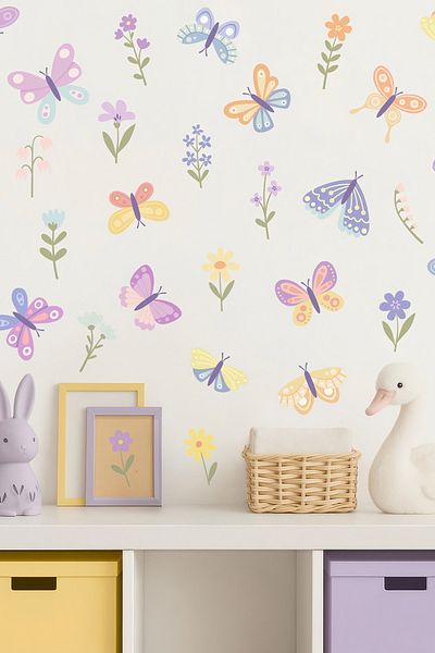 Grafikup Butterfly and Flower Patterned Children's Room Wall Sticker Set - Butterfly and Flower Wall Decor Set
