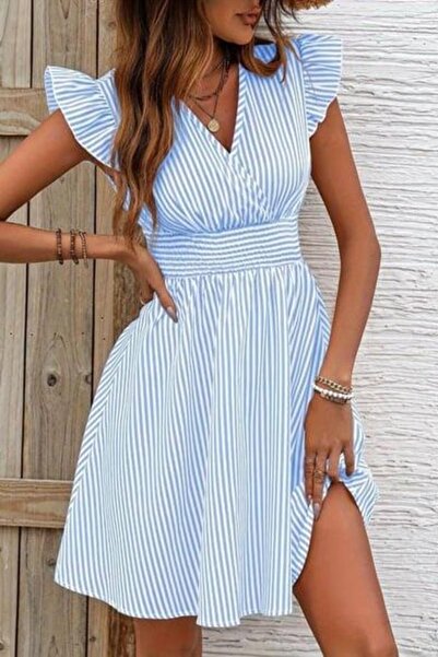 Mossta Mini rochie cu dungi cu detaliu cu mâneci cu volane - Albastru