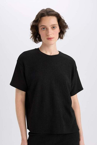 DeFacto New Season Relax Fit Crew Neck Basic Plain Twist Short Sleeve Black T-Shirt
