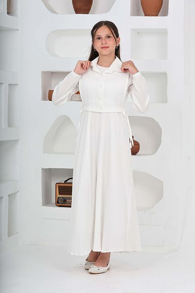 Asortix Girl's Long Length Seersucker Fabric Gilet & Dress Two Piece Set – Lined Elegant Set-4948