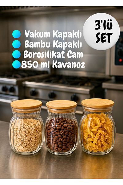 BRE HOME Set of 3 Glass Jars – Bamboo Lid, Leakproof, Kitchen Storage Container 850 ml
