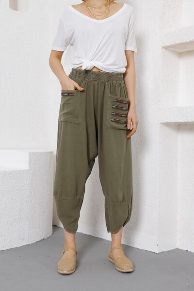 NEW JOURNAL Γυναικείο έθνικ παντελόνι Με κέντημα Με τσέπες Λινό