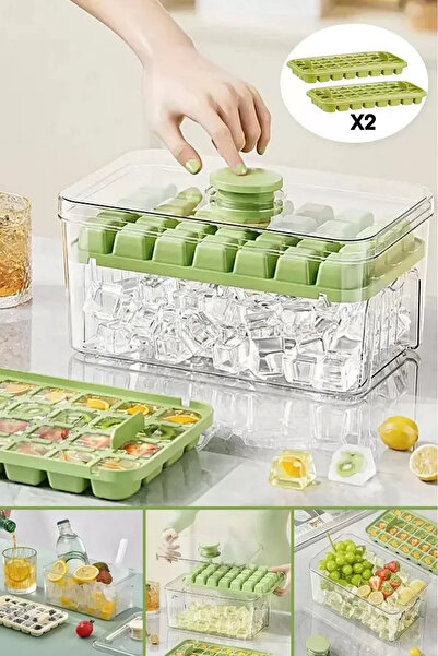 FBZhome Yeni Nesil Basmalı Çift Buz Kalıbı Buzluk – Kapaklı Saklama Kutulu 28-28 56 Bölmeli 10x20 Cm
