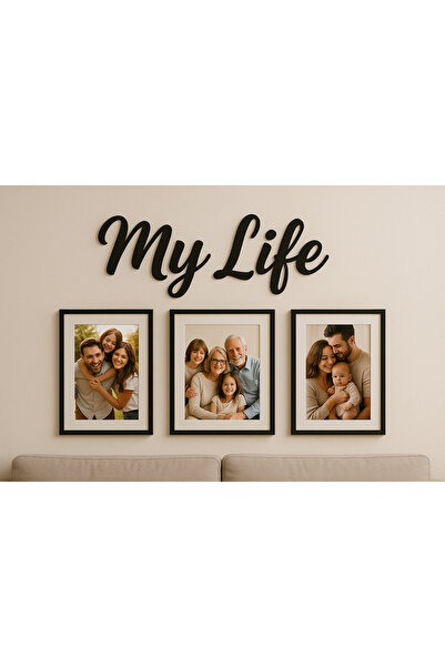 HALL BREATHE Şık Siyah Duvar Yazısı ve 3 Çerçeve, Salon ve Ofis Dekoru