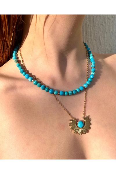 eyla collection Turqelis 2Li Set Natural Turquoise Stone and Steel Necklace