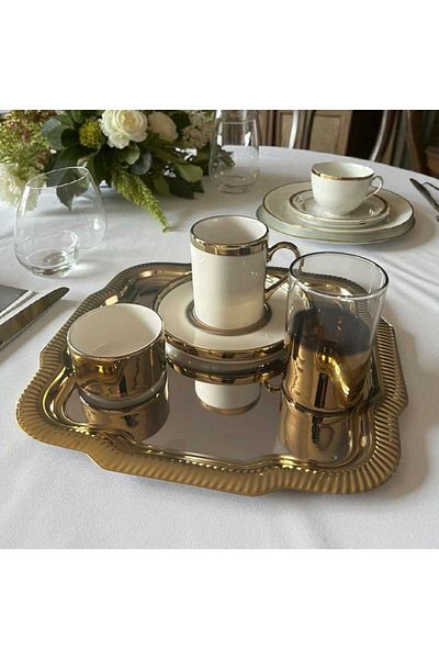 Noah Exclusive Smart Brown Presentation Set-Luxury Gold Gilded Coffee Cup+Plate+Coffee Pot+Tray-Coffee Cup