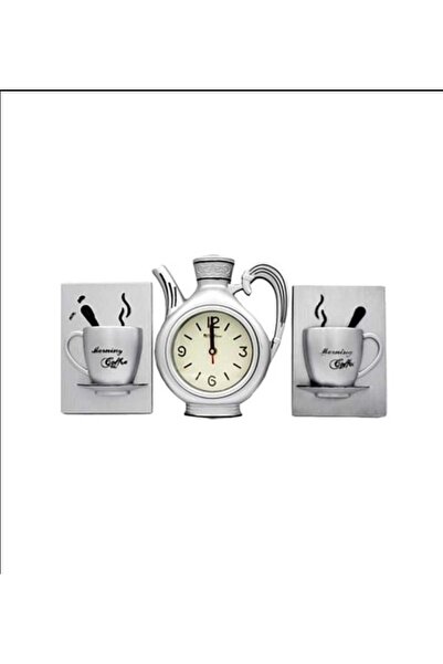 mutfakdeko FİNCAN DEKORLU 3 LÜ DEKORATİF MUTFAK SAATİ GRİ RENK