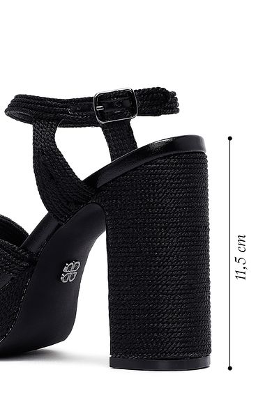 Derimod Women's Black Ankle Buckle High Thick Heeled Platform Straw Sandals 25Sfd4433M7