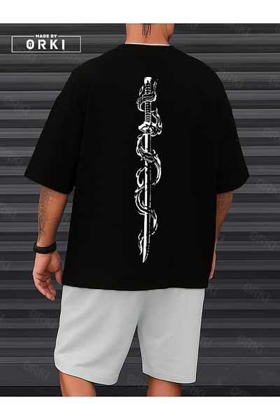 EFFRENATU Orki Tigerblade – Tiger & Sword Printed Oversize Men's Black T-Shirt and White Shorts Set