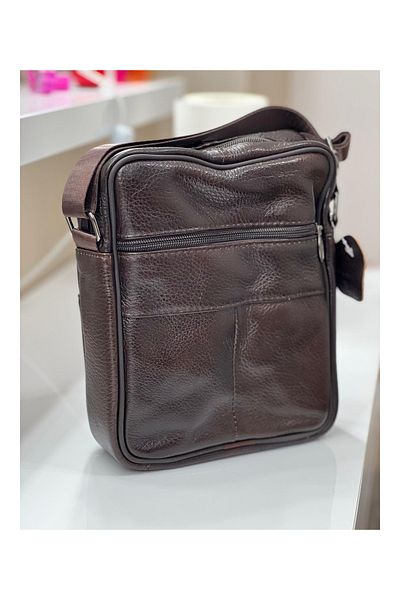 HASSION Men's Genuine Leather Handbag, Small Brown Size, 20 x 18 x 5 cm