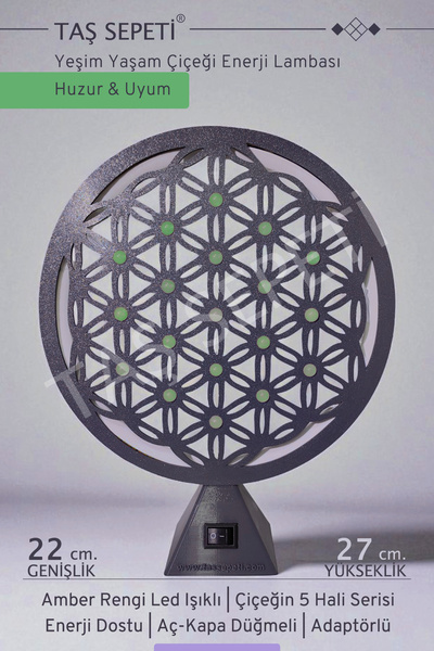 TAŞ SEPETİ Yeşim Taşı Yaşam Çiçeği Huzur ve Uyum Enerji Lambası Amber Led Işı...