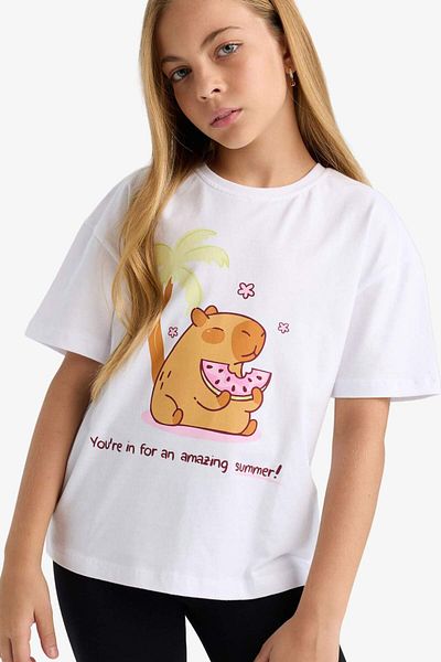 DeFacto Girls Oversize Wide Fit Crew Neck Printed Short Sleeve T-Shirt F9722A825Hs