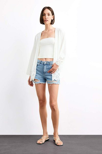 DeFacto Fitted Wrinkle Brode Tie-Up Long Sleeve Blouse G0283Ax25Sm