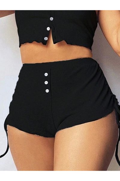 Silerra    Women's Rope Strap Crop Blouse and Drawstring Double Camisole Short Set on the Sides