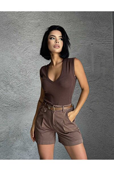 Eda Başak Atelier Wide Leg (Wed Leg) Cep Detaylı Yüksek Bel Mini Şort