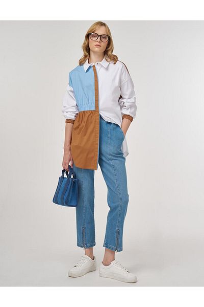 Kayra Color Blocked Cotton Tunic Optical White