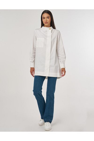 Kayra Shiny Buttoned Cotton Tunic Ecru