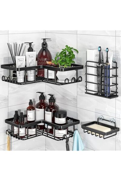 Generic حامل دش، عبوة من 4 رفوف زاوية لتنظيم الحمام، رف حمام لاصق، رف دش، من ...