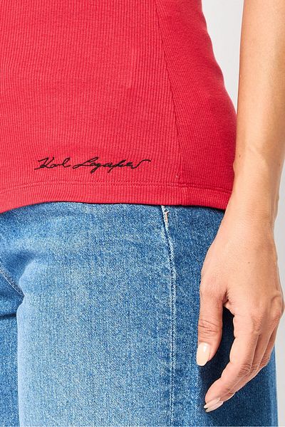 Karl Lagerfeld Women Asymmetrical Neck Sleeveless Embroidered Logo Tank Top, Red