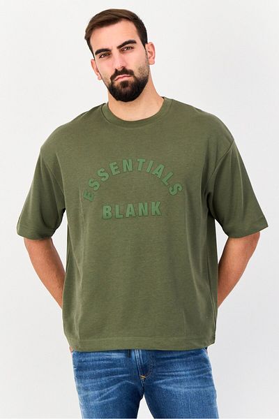 BLANK ESSENTIALS Men Crew Neck Short Sleeve Brand Logo T-Shirt, Olive
