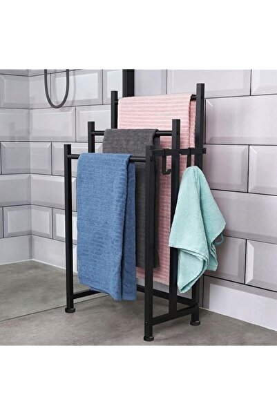 Generic حامل مناشف معدني قائم بذاته بثلاث طبقات، حامل مناشف حمام أرضي مقاس 33.85 بوصة مع خطافات جانبية، حامل حمام