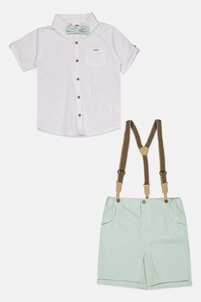 Little Gent Kids Boy 3 Piece Solid Shirt And Short With Bowtie Set, Multicolor