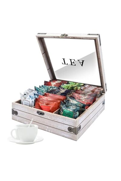 Generic KASTWAVE Wooden Tea Bag Organizer, 9 Storage Compartments, Tea Storage Chest with Glass Lid, Sugar