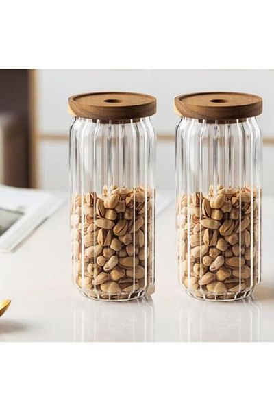 Generic 1CHASE Borosilicate Stripe Glass Food Storage Jar With Acacia Wood Air Tight Lid, Handmade Glass Ca