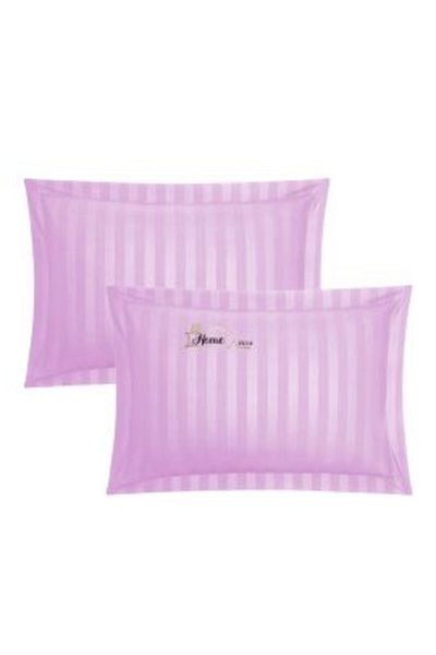 HomePuls Set 2 Pillow Covers 50 x 70 cm Damask Cotton 100%, Stripe 1 cm and 3.5 cm Border Hem, Lila