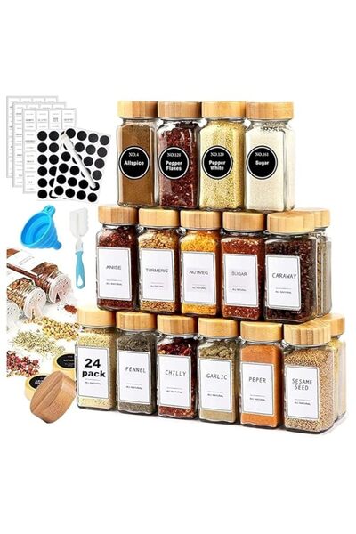 Generic Sulfar 120ml Glass Spice Jars, Square Empty Spice Containers with Labels, Shaker Lids, Bamboo Caps,
