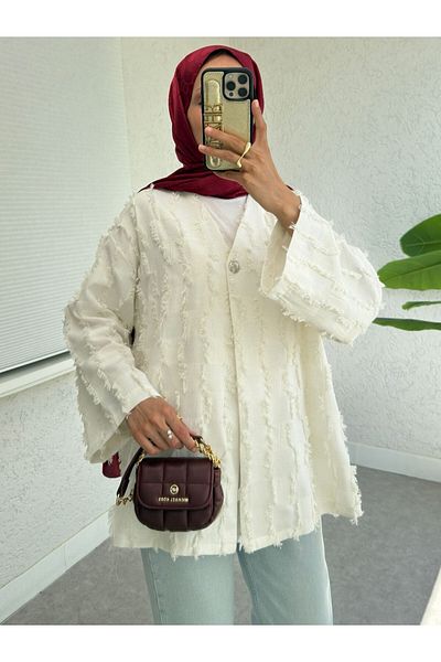 Modamorfo Kimono cu model pătrat cu un singur buton cu franjuri - alb