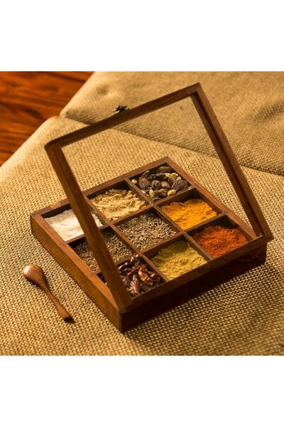 Generic ExclusiveLane Sheesham Wooden Table Top Masala Dabba Containers Jars Cum Kitchen Spice Box with Spo